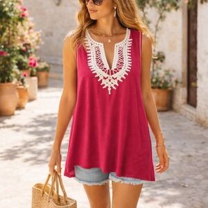 Max Studio Pink Crochet Lace Sleeveless Tunic Top Boho Resort Festival Size L